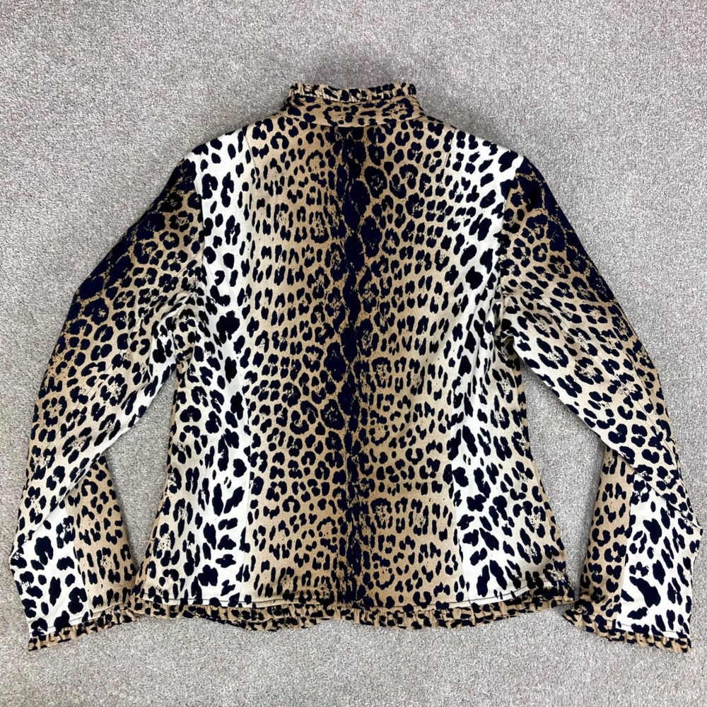Peck & Peck Leopard Print Blazer Women Sz 10 Tan Black Ruffle Trim Edgy Mob Wife - Picture 4 of 15
